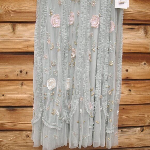 MAC DUGGAL  9360 Green Floral Mesh Sleeveless A Line Micro Ruffle Gown Dress - Picture 9 of 14